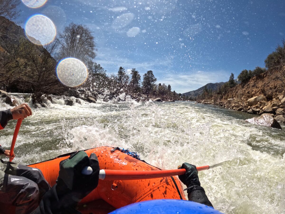 Vue à bord d'un radeau d'eau vive lors d'une visite de la partie supérieure de la rivière Kern
