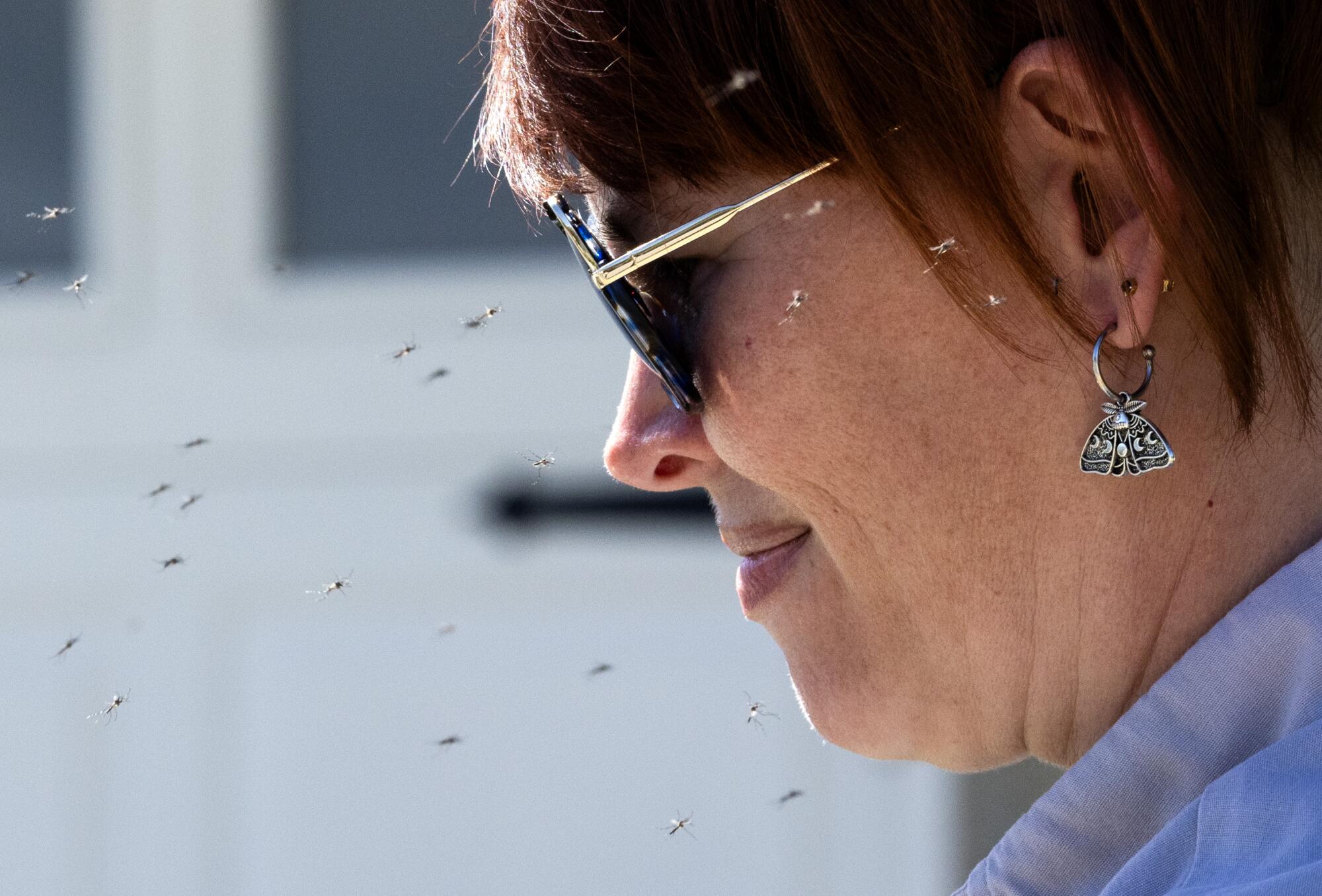 Des moustiques bourdonnent autour du visage d’une femme portant des lunettes de soleil 