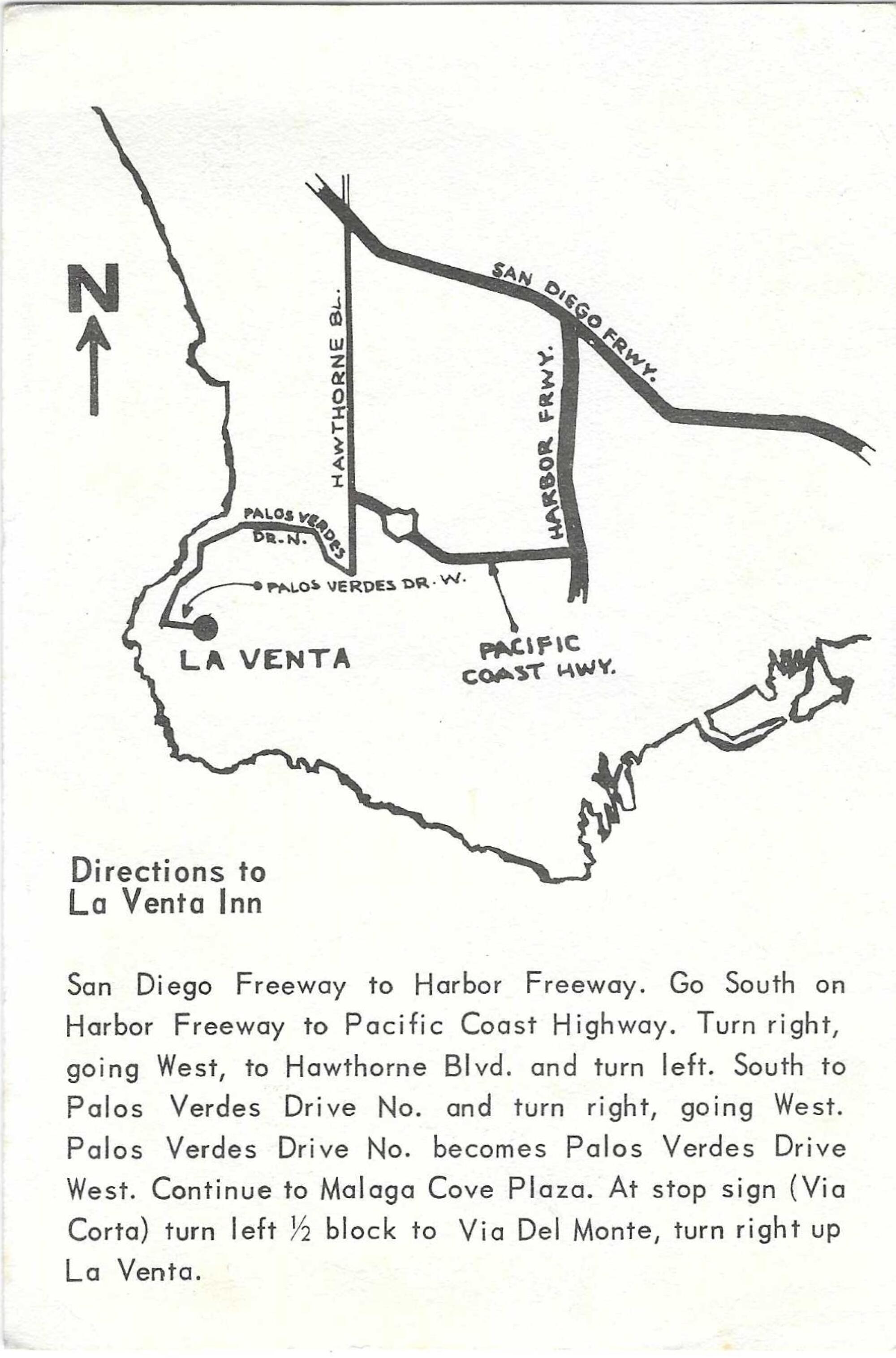 Carte de la péninsule de Palos Verdes, de la baie Sud et de la zone portuaire, avec des instructions écrites pour se rendre à La Venta Inn