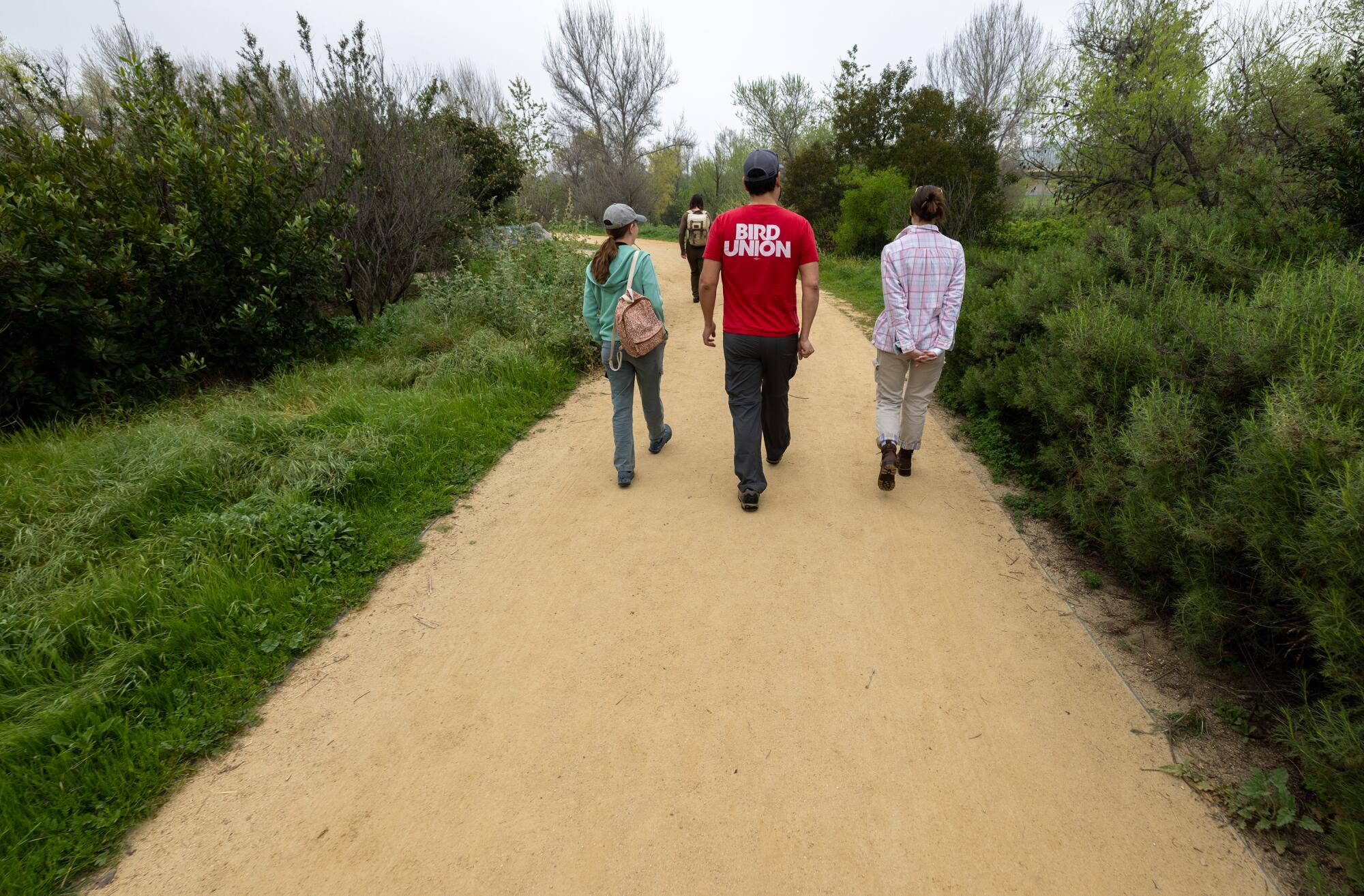 Trois personnes marchent ensemble le long d’un chemin arboré