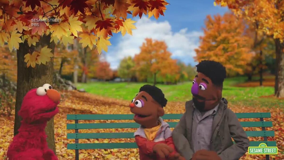 De gauche à droite : Elmo parle avec les marionnettes de "Sesame Street", Wes et Elijah.