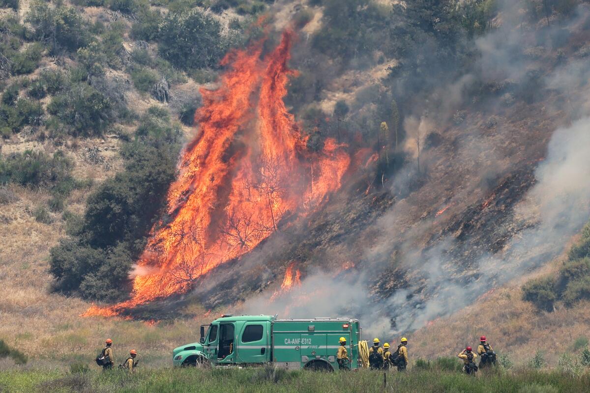 Les équipes de pompiers surveillent les flammes provenant d'une opération de brûlage près de Hungry Valley Road.