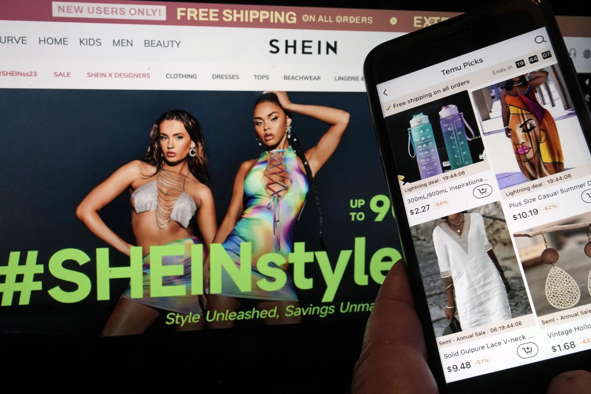 Pages Web des vendeurs de fast-fashion Shein et Temu.