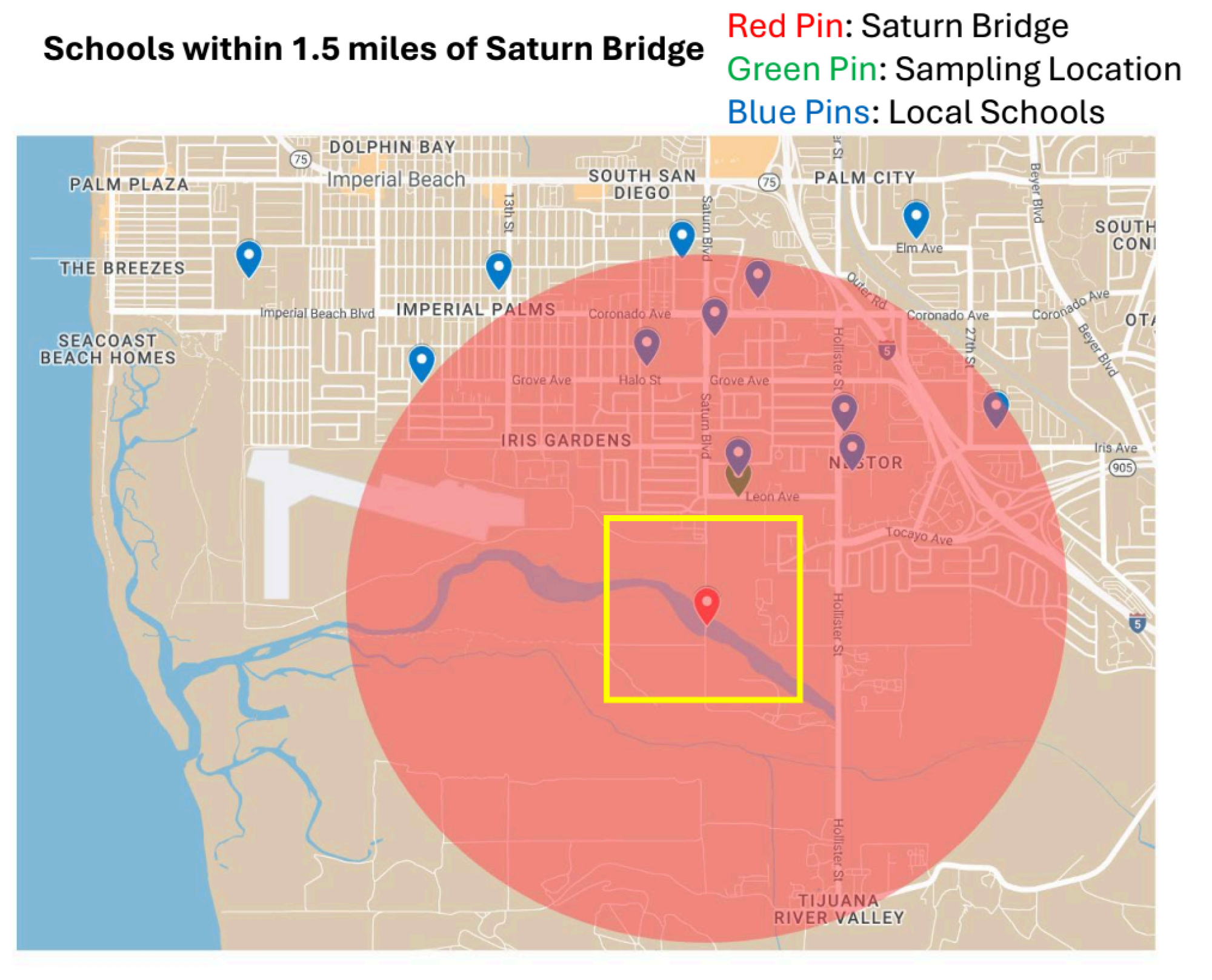 Une carte montrant les écoles à moins de 1,5 miles de la rivière Tijuana.