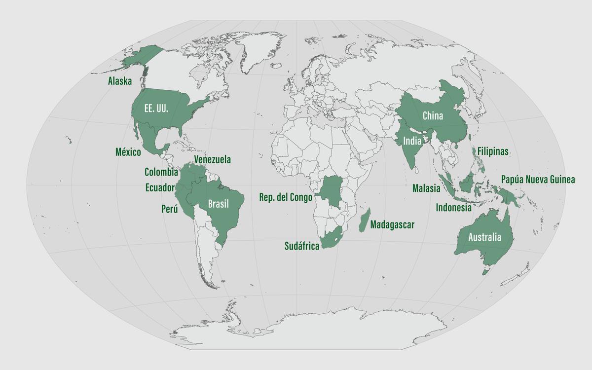 Carte des pays mégadivers, selon l'ONU