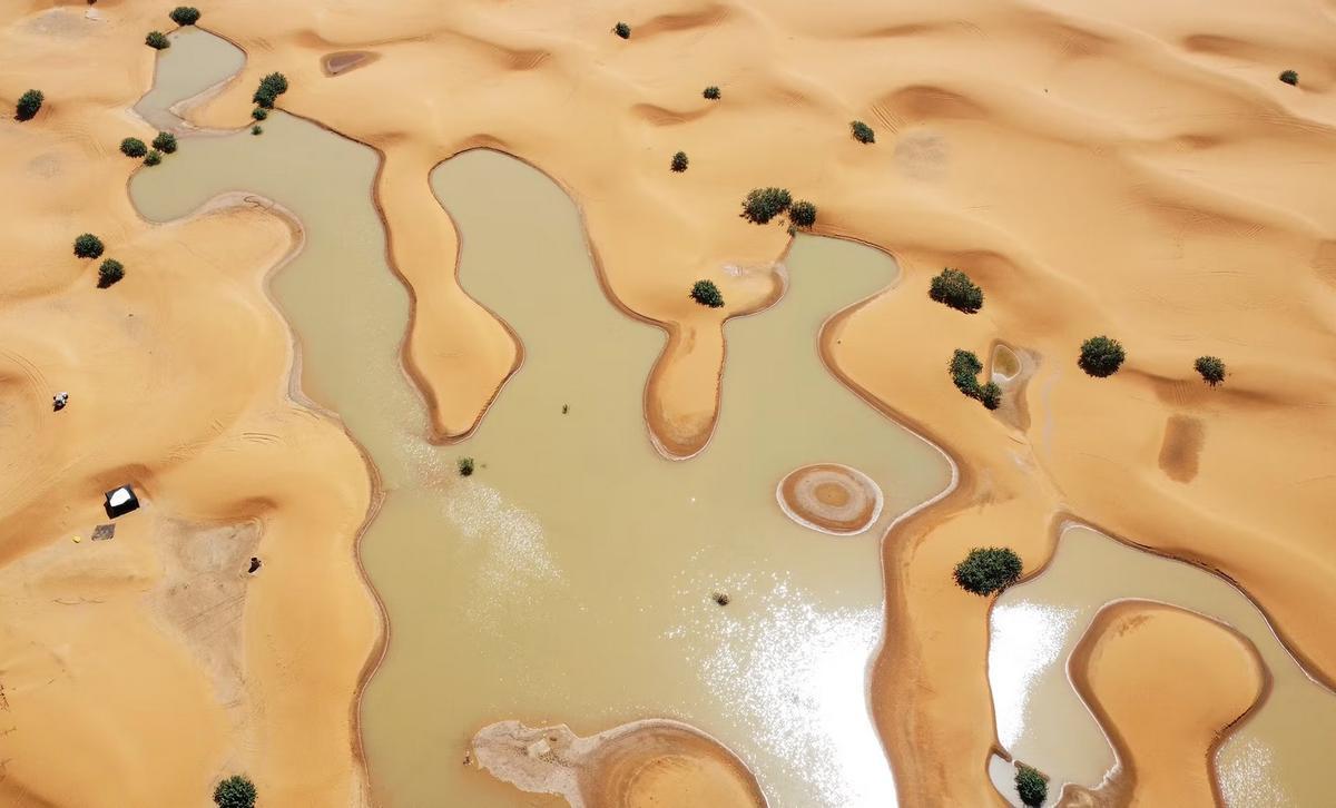 Vue aérienne récente d'une zone inondée au Sahara