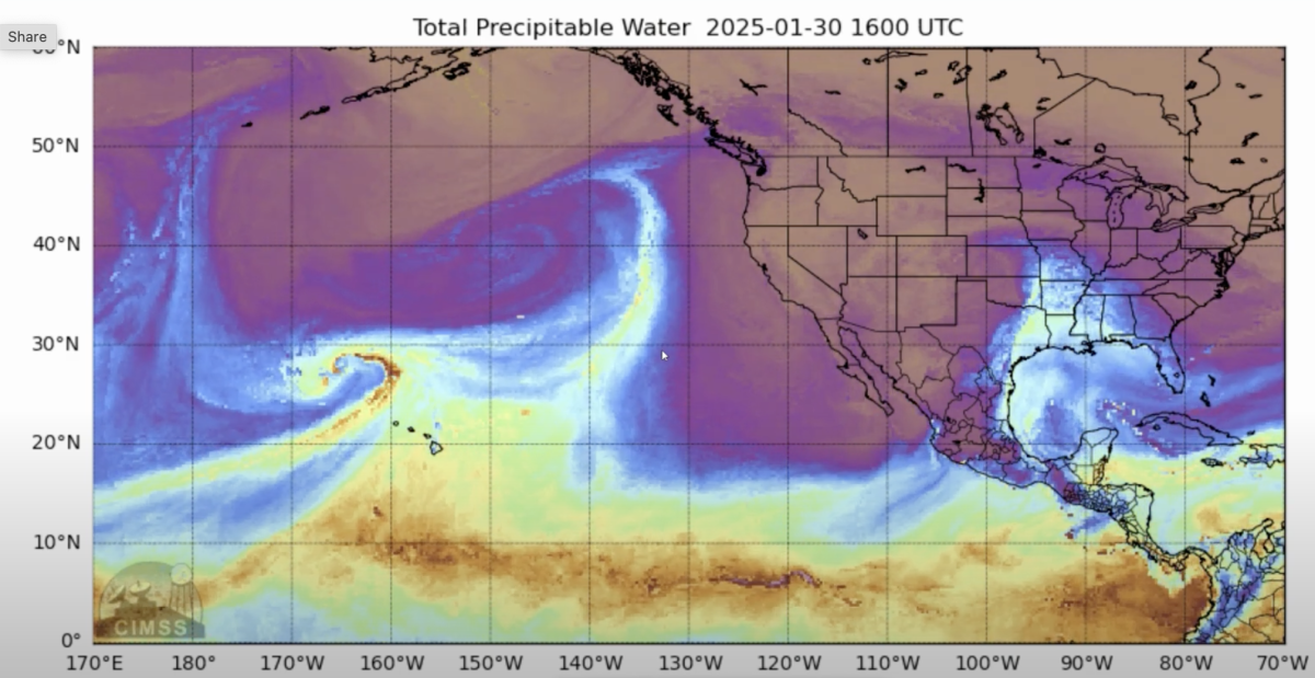 Carte montrant 2 tempêtes en direction de la Californie