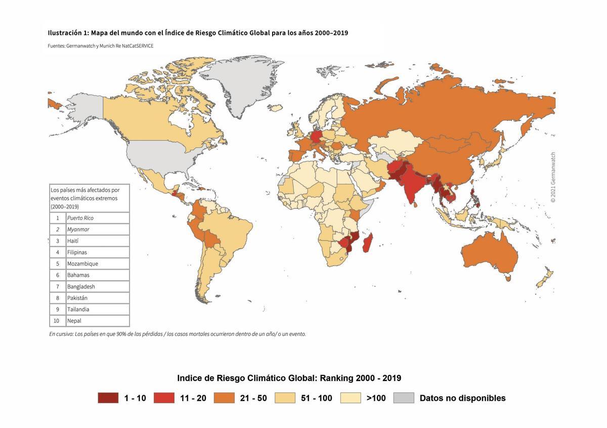 Mapa del Mundo Con El índice de Riesgo CliMático Global en Los Años 2000-2019.