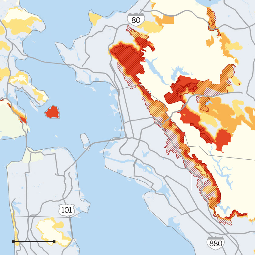 Carte de l'East Bay, y compris Oakland, Berkeley et Richmond, Californie.