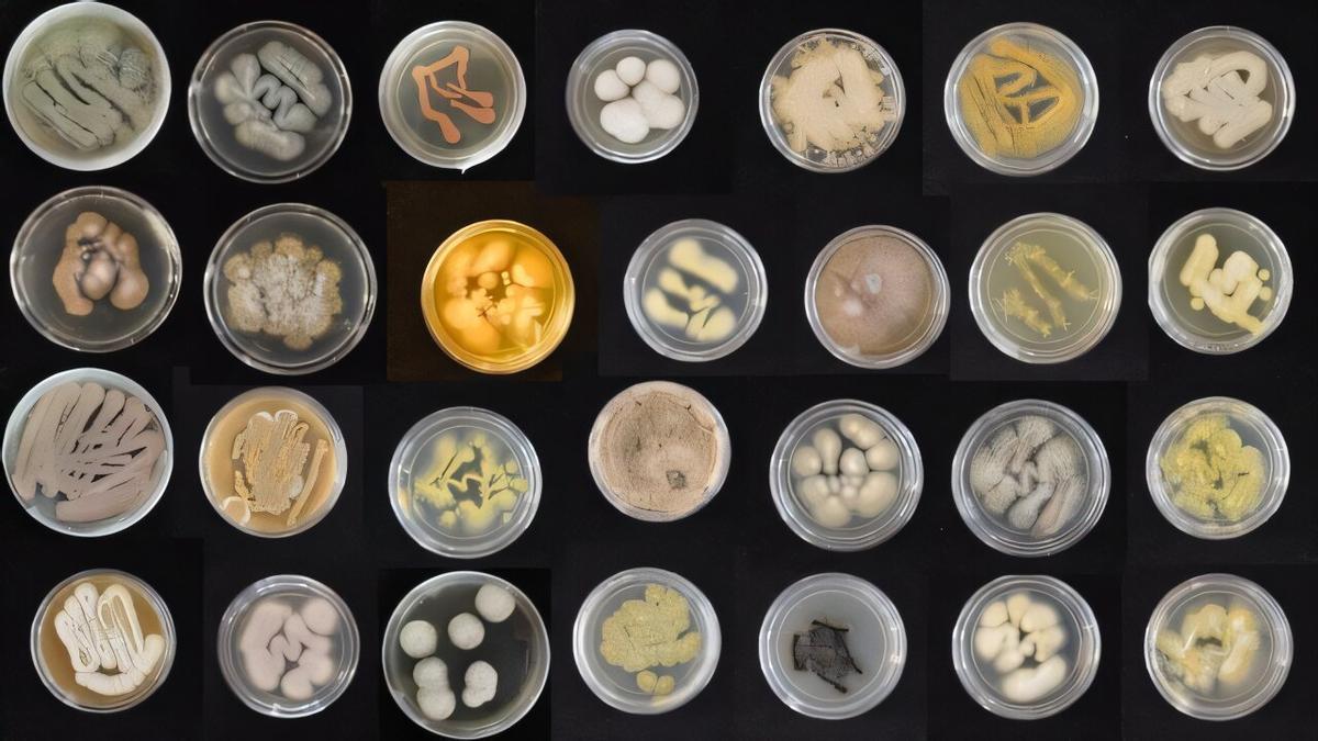Una variedad de hongos marinos coloridos cultivados en placas de Petri en el laboratorio de Anthony Amend.