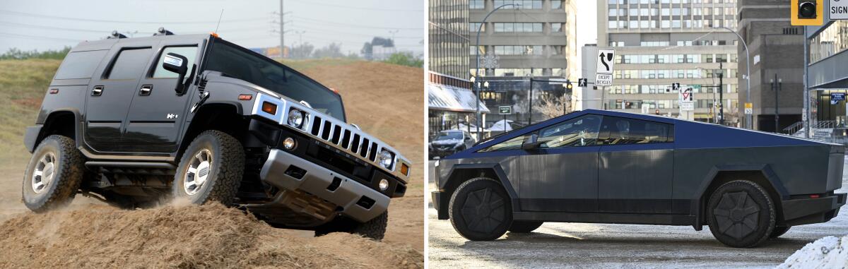 Photos côte à côte d'un véhicule utilitaire Sport Hummer H2 et d'un Tesla CyberTruck.
