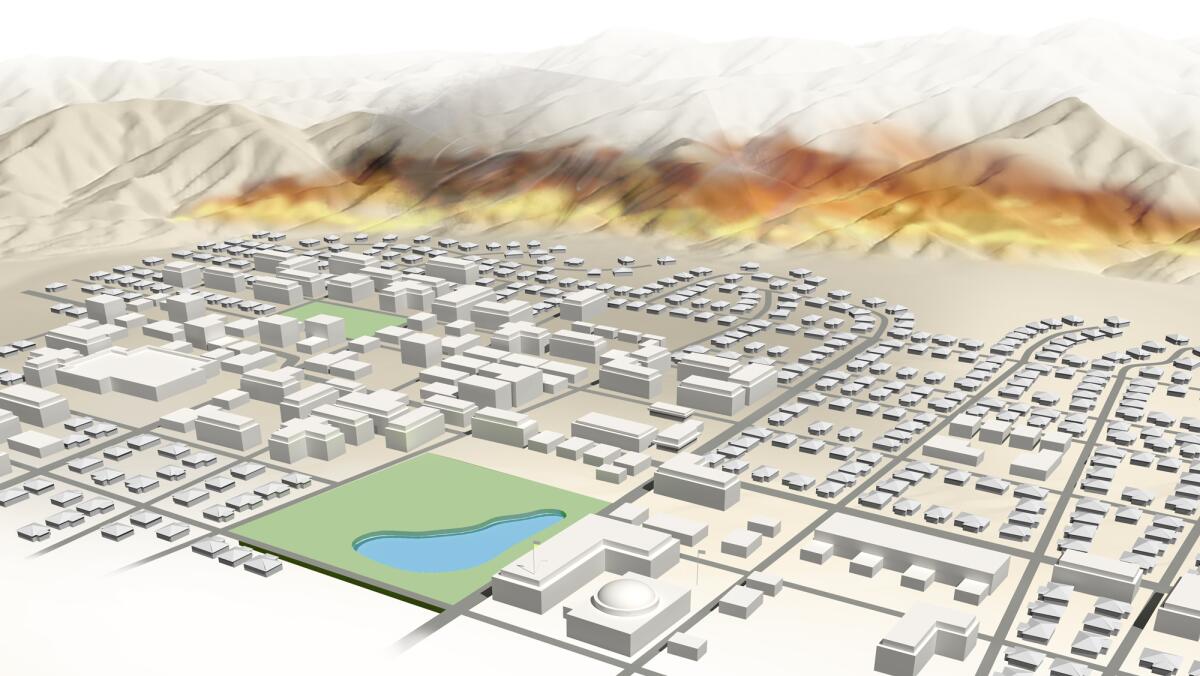 Un graphique des bâtiments et des flammes blancs dans les contreforts en arrière-plan 