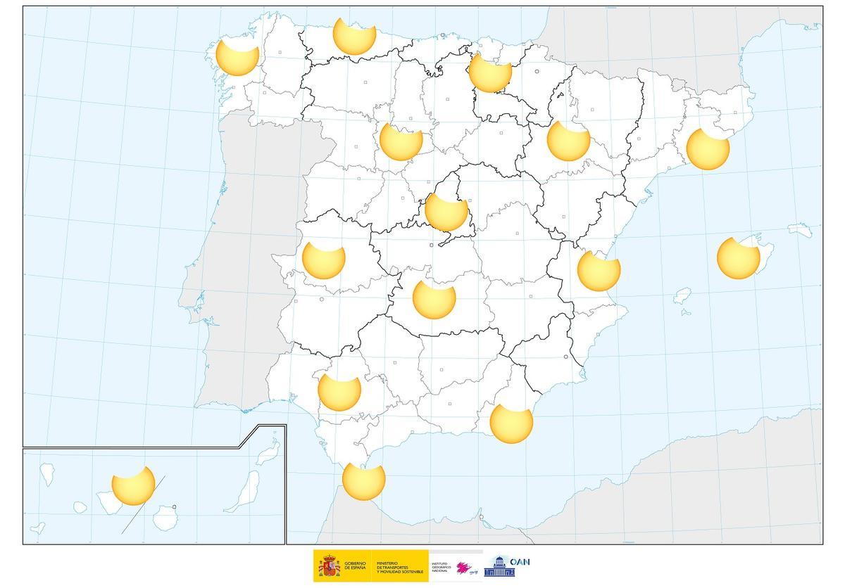 Grado de máximo oscurecimiento del Sol en cada comunidad autónoma