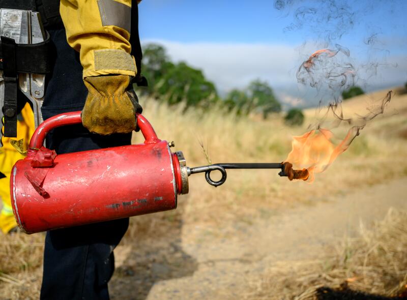 Un pompier tient une torche flamboyante sur une colline herbeuse.