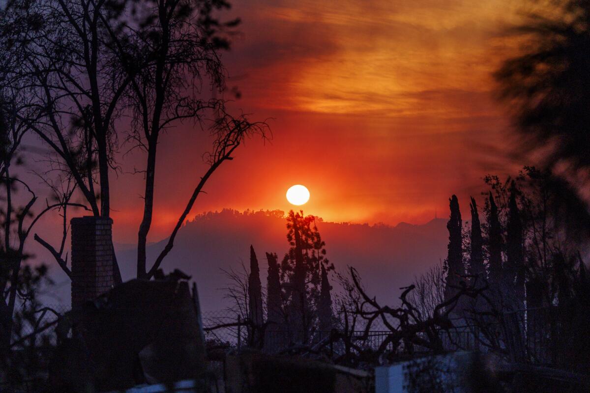 Une brume fumée remplit le ciel alors qu'une maison smoude au premier plan.