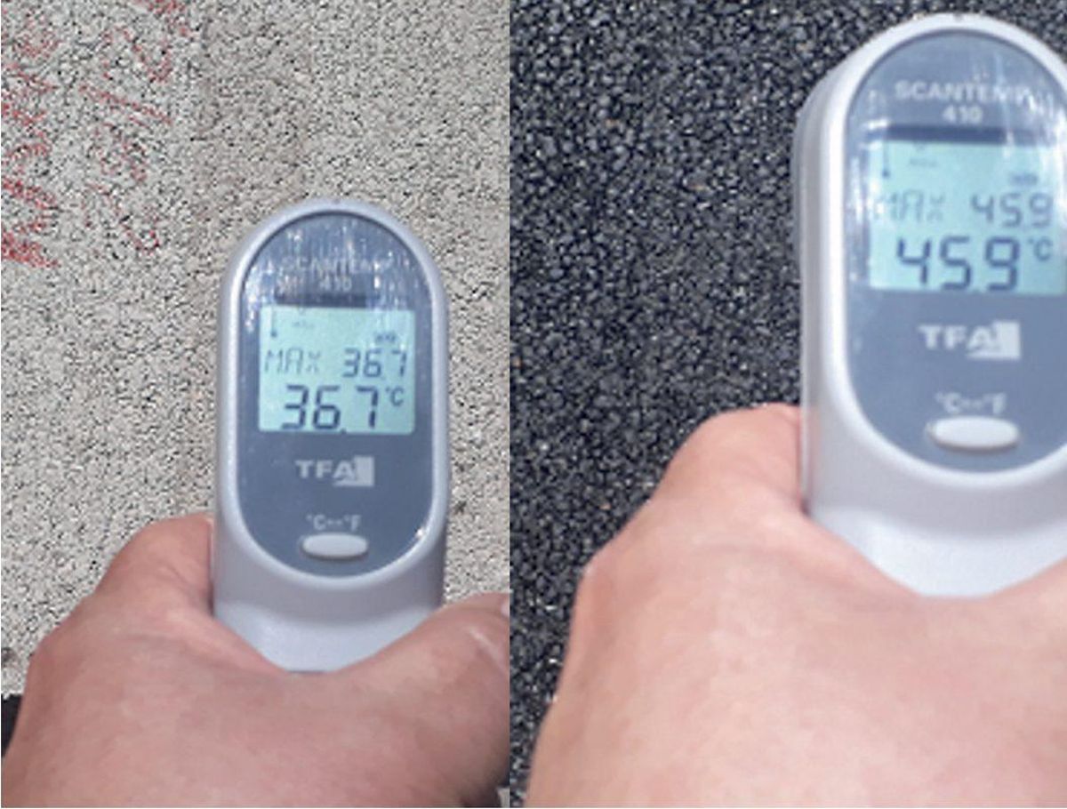 Imagen Que ilustra la Diferencia Térmica Entre Paviemento Reflecentenance y Convencional A Una Temperatura Ambient de 25 Grados incluída en la Presedación del Experimento de Murcia.