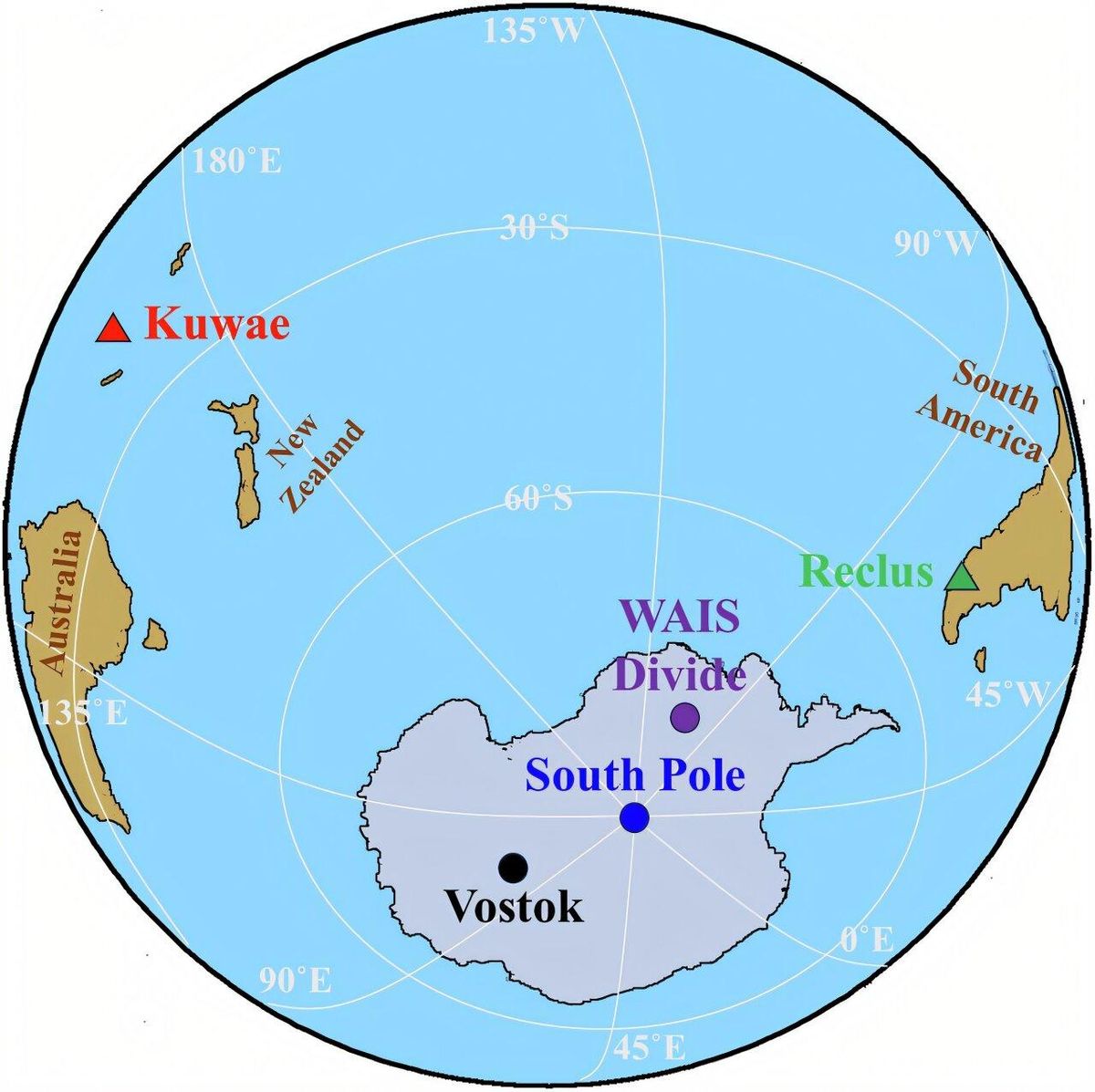 Carte montrant l'emplacement des deux volcans potentiels émetteurs de Kuwae (triángulo rojo) au Vanuatu, dans le Pacifique tropical et Reclus (triángulo verde)