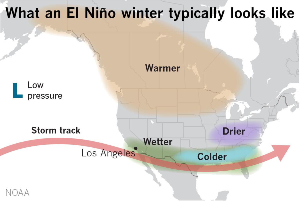 Carte montrant les effets typiques d’un phénomène El Niño sur l’hiver en Amérique du Nord.