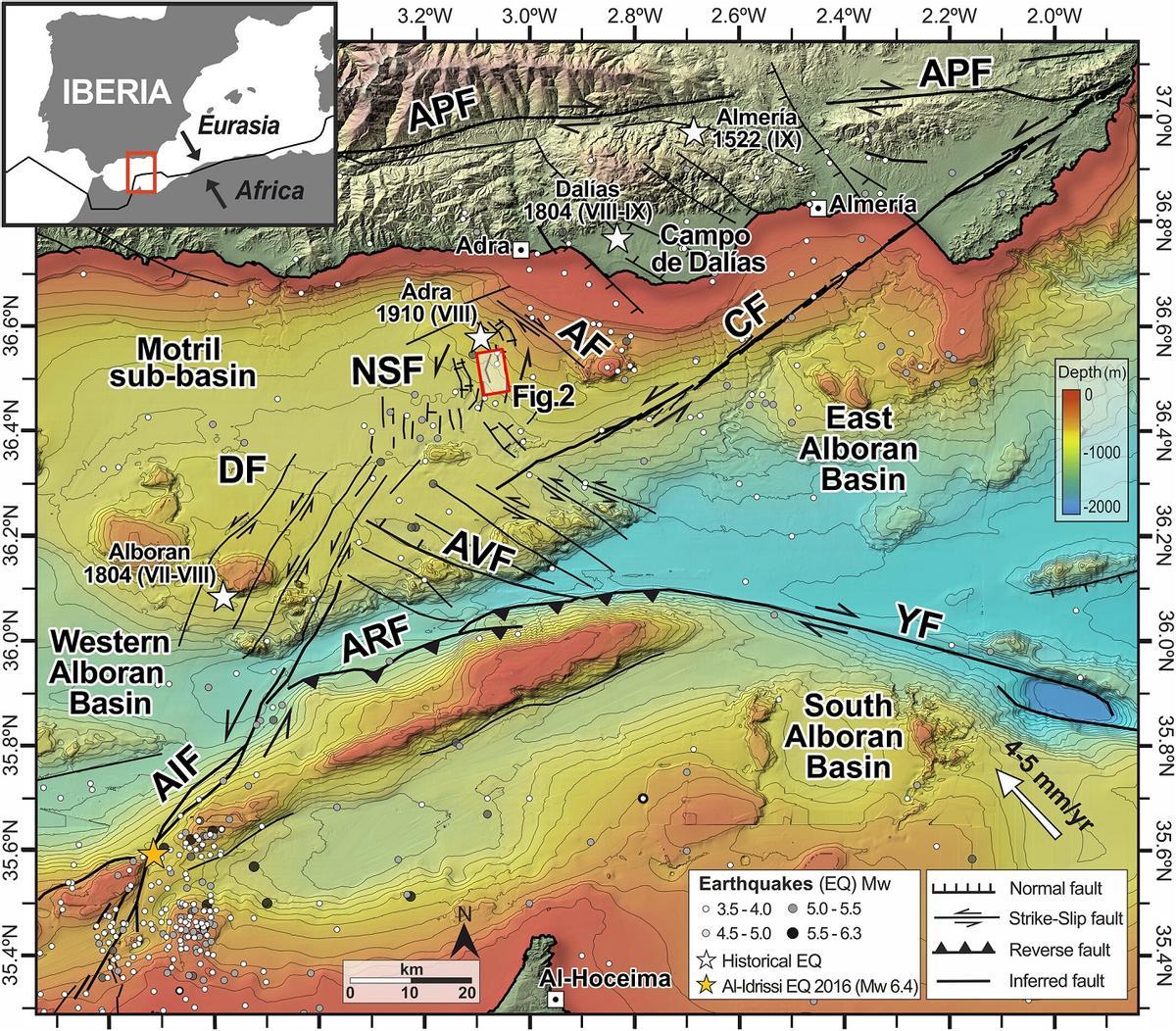 Carte géologique du surfer de la péninsule et de la mer d'Alborán