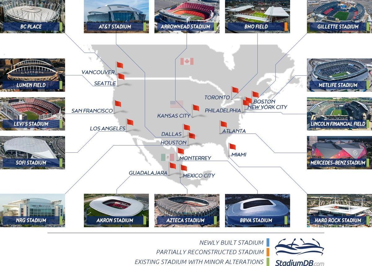 Carte des stades du Mondial 2026 dans les trois pays