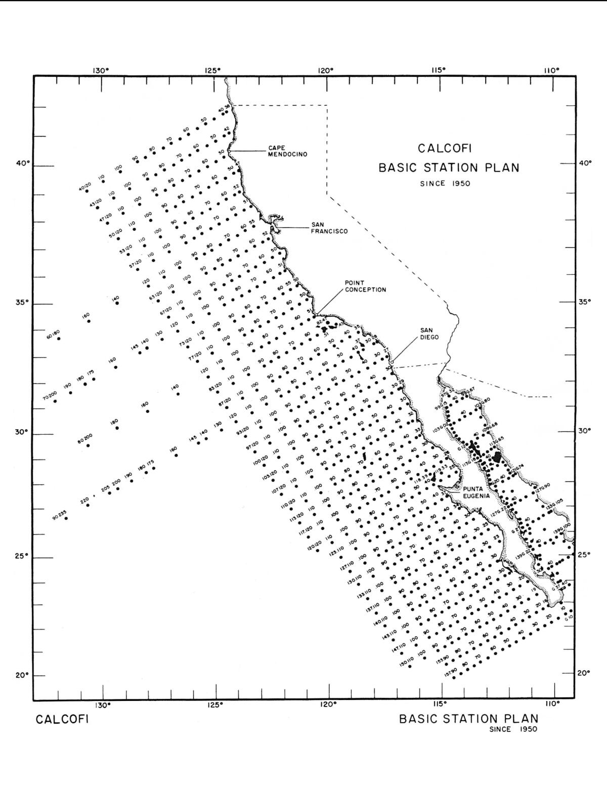 Carte des stations d'échantillonnage CalCOFI au large de la côte californienne