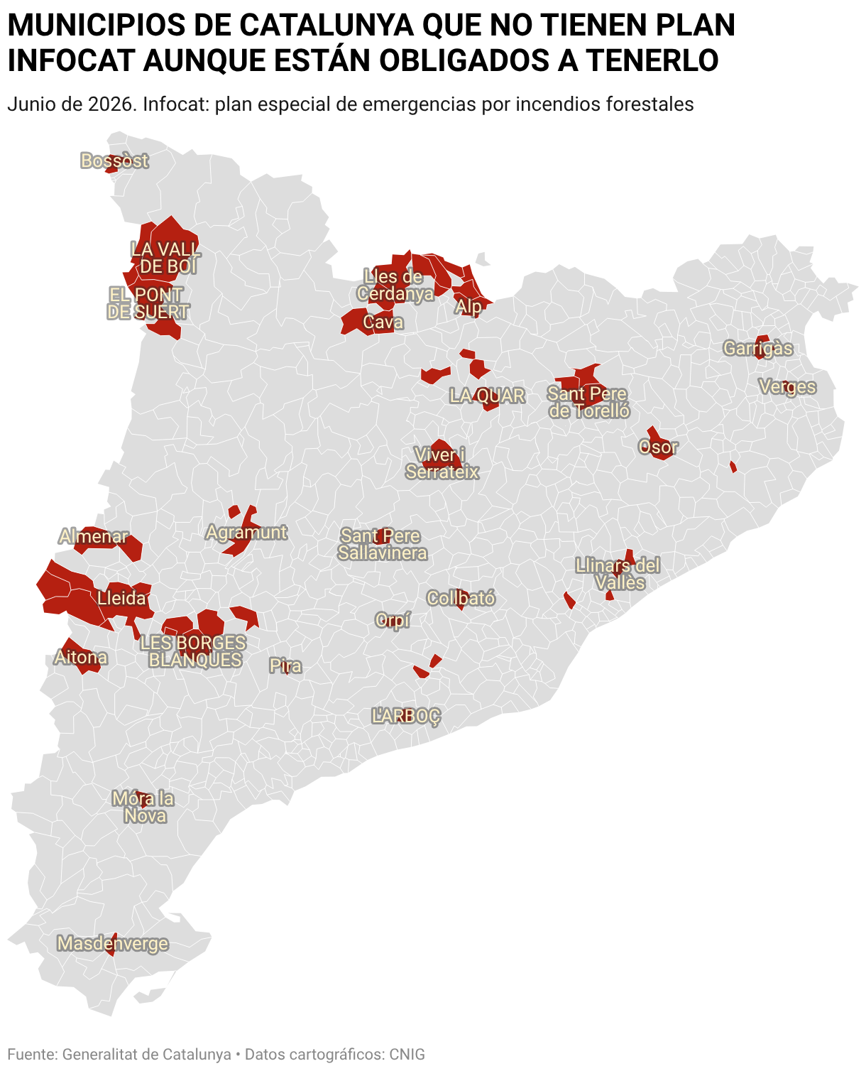 MUNICIPIOS DE CATALUNYA QUE NO TIENEN PLAN INFOCAT AUNQUE ESTÁN OBLIGADOS A TENERLO (Mapa coroplético)