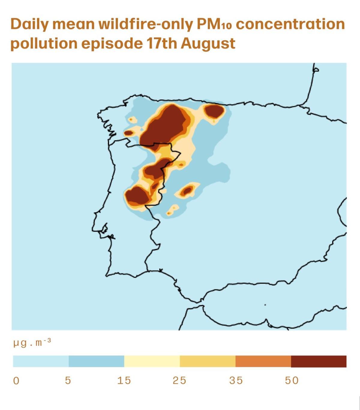 Émissions de particules PM10 en août 2025 dues aux incendies forestiers dans la péninsule ibérique
