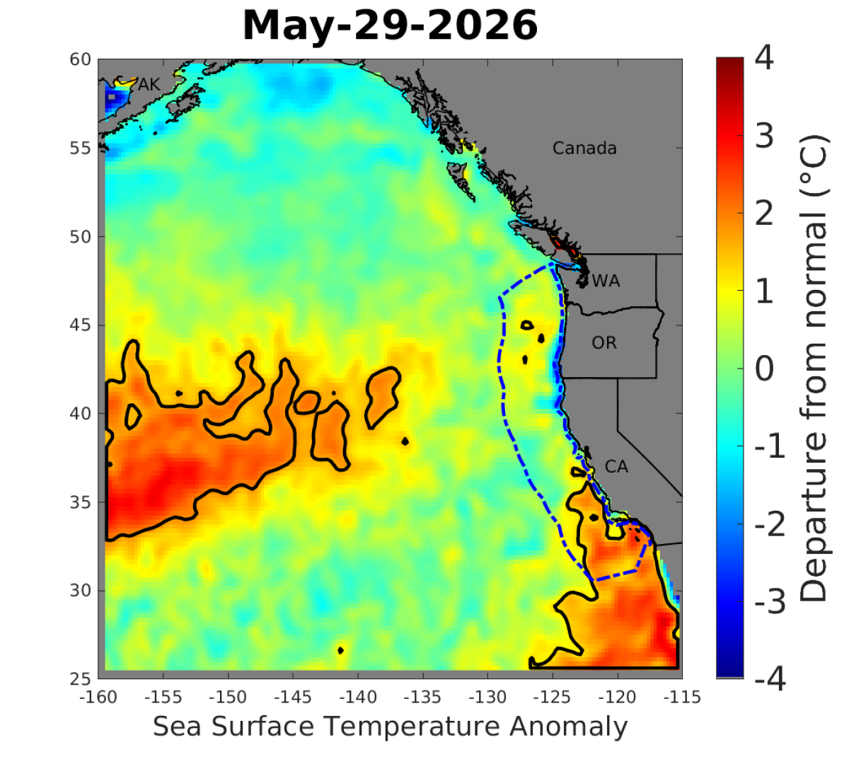 La carte montre deux vagues de chaleur marines, une au large des côtes de la Californie du Sud et une autre plus au large, au large de NorCal.