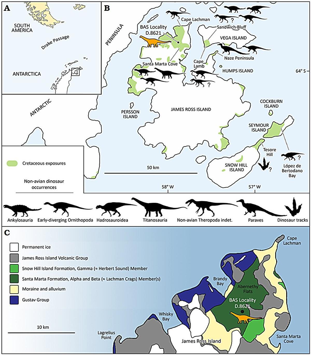 En jaune, emplacement du dinosaure identifié