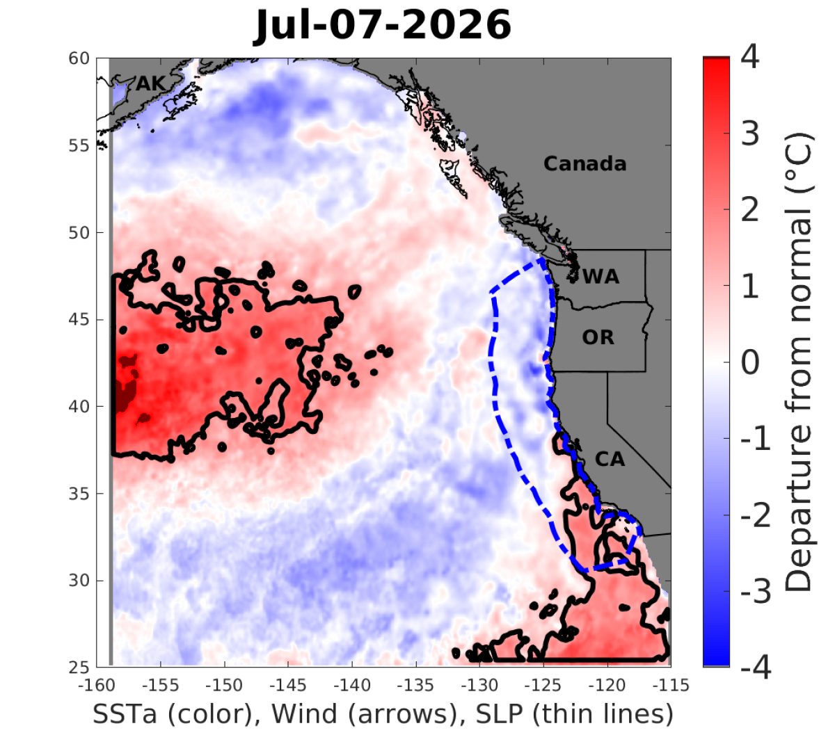 Une vague de chaleur marine dans l’océan au large des côtes de la Californie du Sud et plus à l’ouest au large de la Californie du Nord et de l’Oregon.