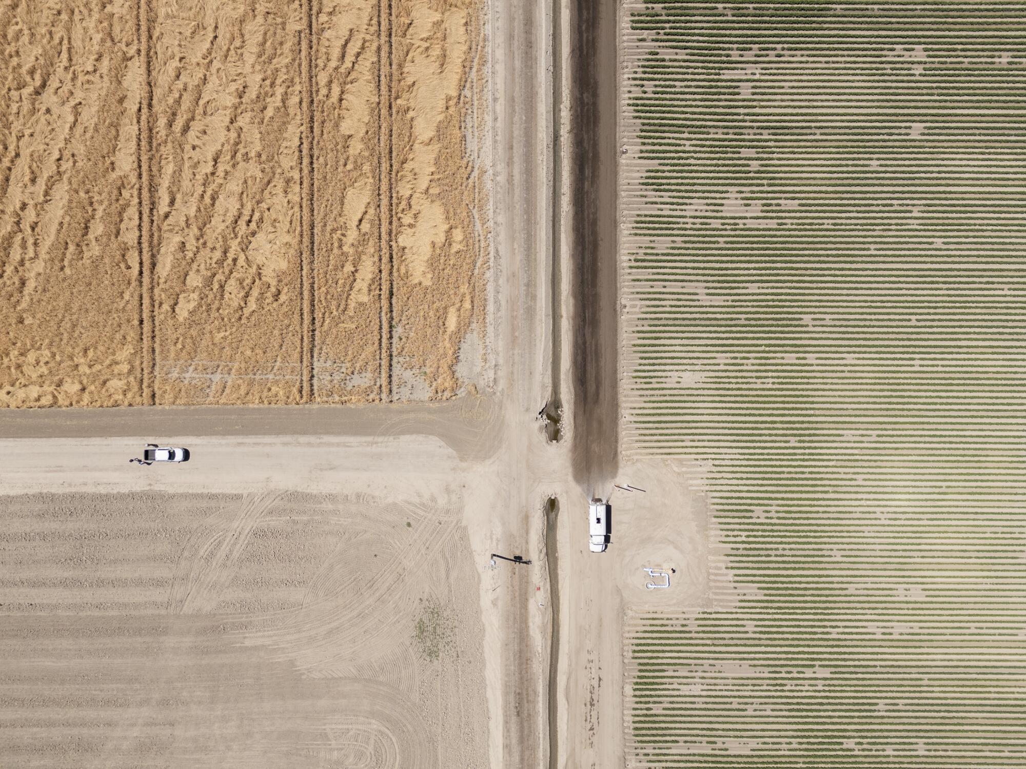 Dans cette vue drone, l'agriculteur Todd Tracy convertit 2 600 acres de sa ferme Buttonwillow en énergie solaire.