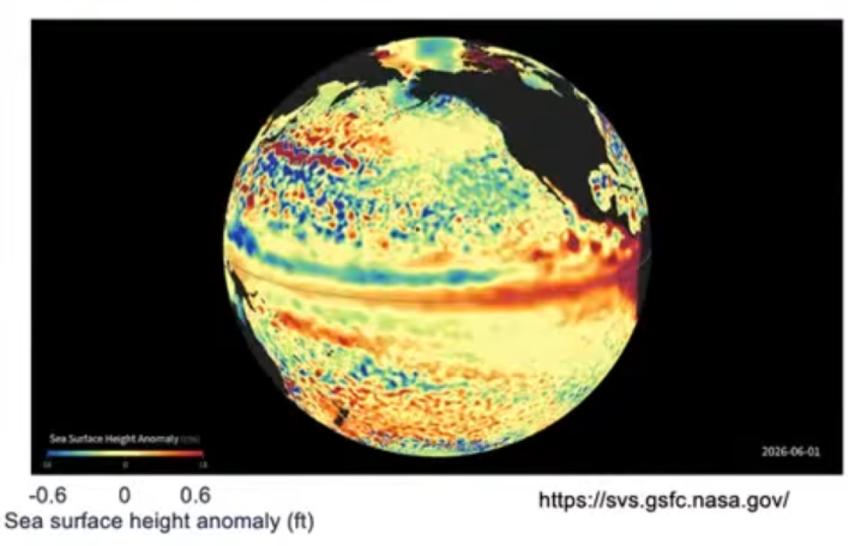 Les zones en rouge montrent que le niveau de la mer a augmenté de plus d'un demi-pied au 1er juin.