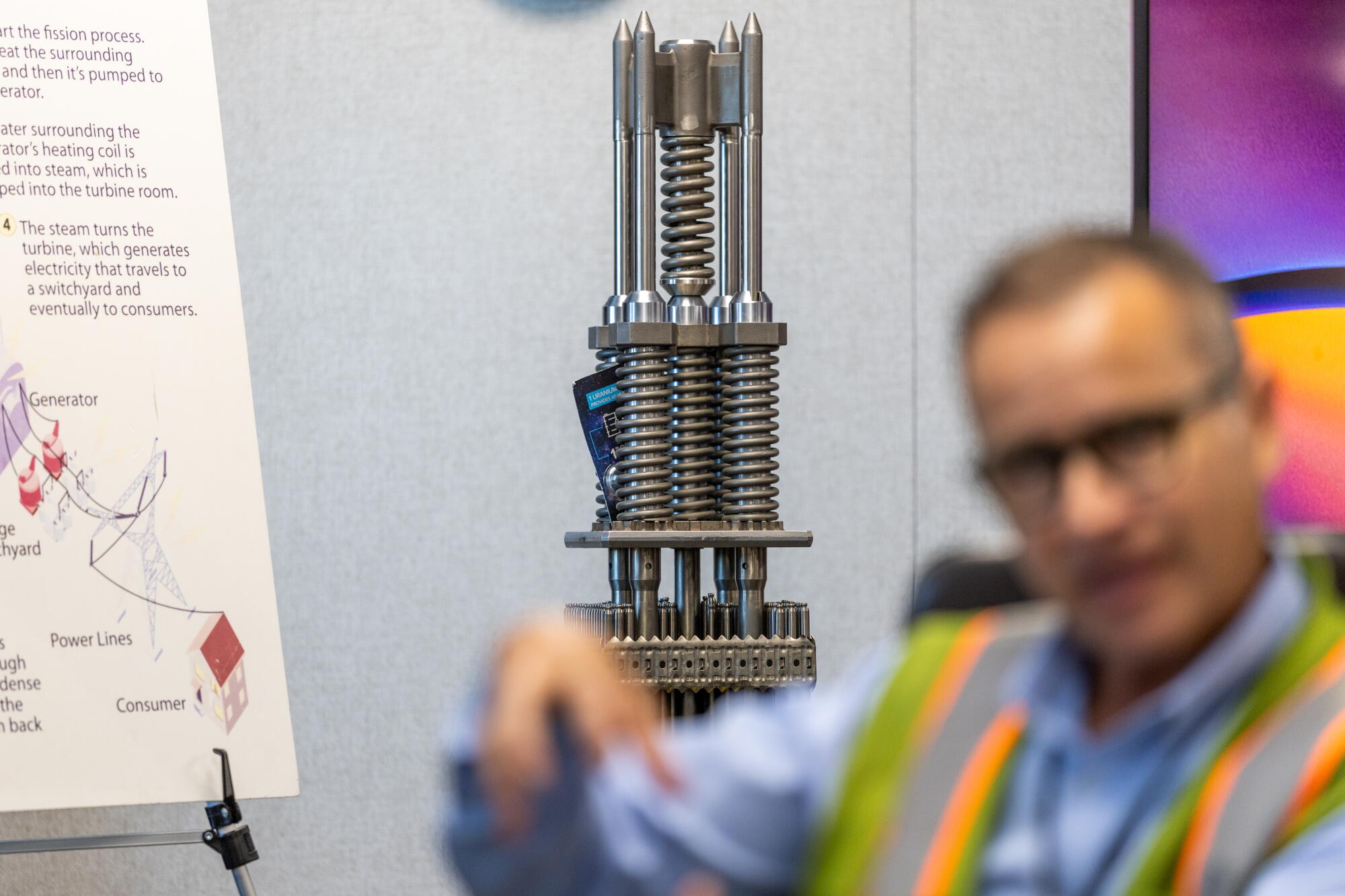 A model display of a nuclear fuel assembly.