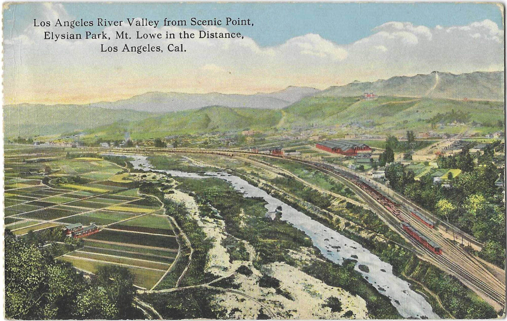 La carte indique : "Vallée de la rivière Los Angeles depuis Scenic Point, Elysian Park, Mt. Lowe au loin."