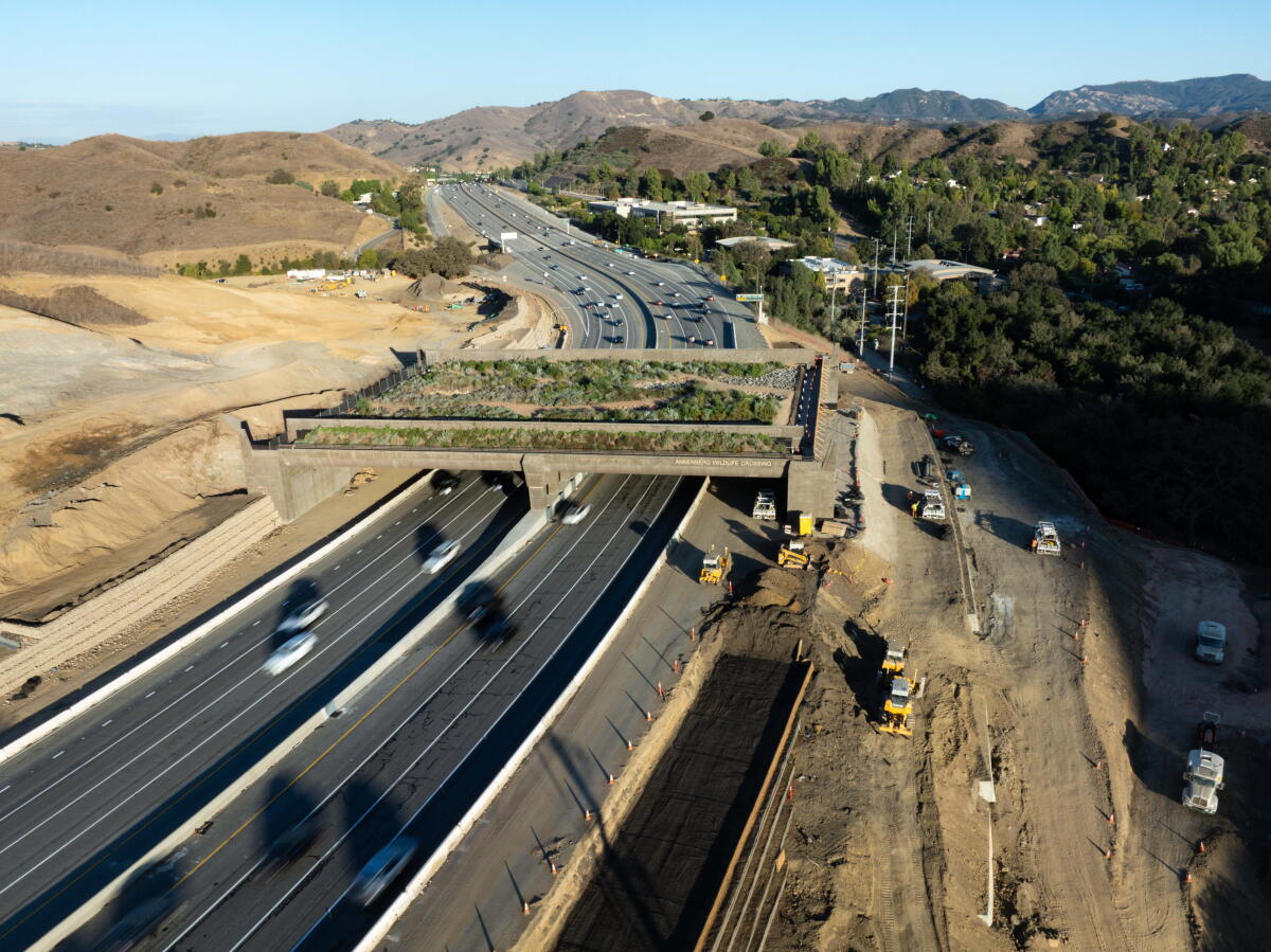 Une photographie prise par drone du Wallis Annenberg Wildlife Crossing mercredi.